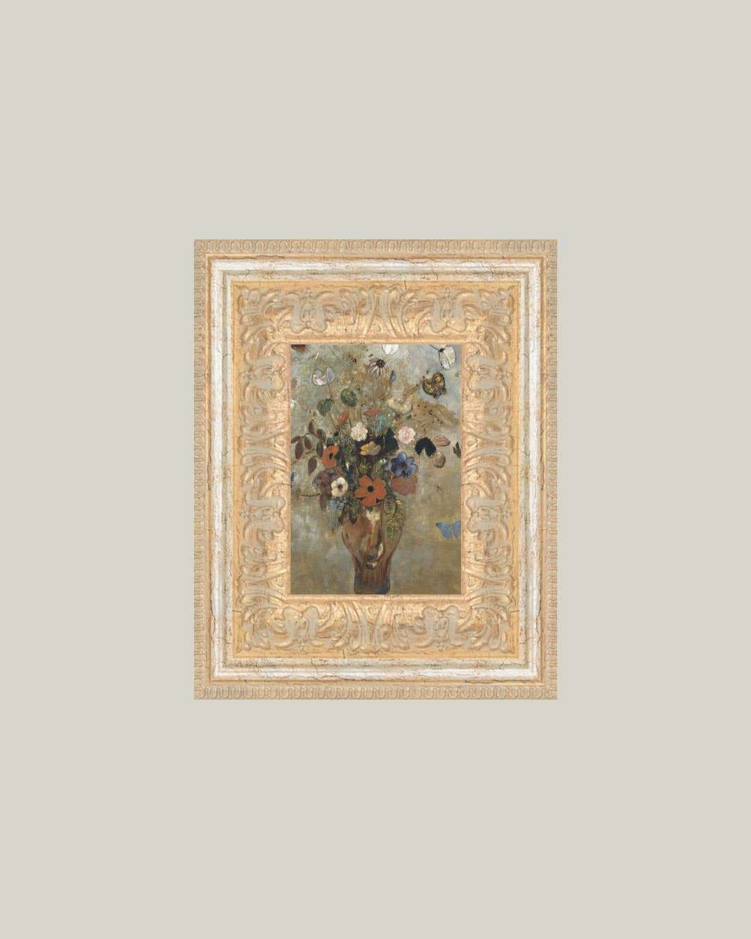 Flower Butterfly Vase Framed Antique Art