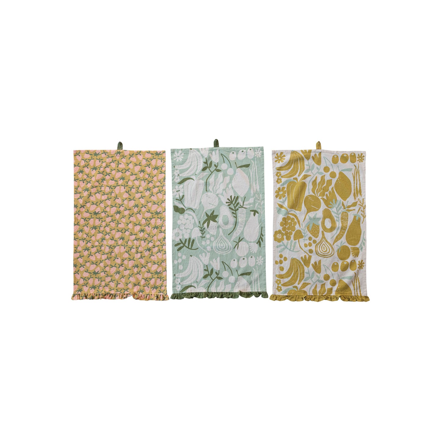 Cotton Printed Tea Towel w/ Fruit/Vegetables, Ruffle & Loop, 3 Styles ©