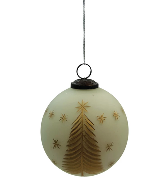 Glass ornament w etched trees