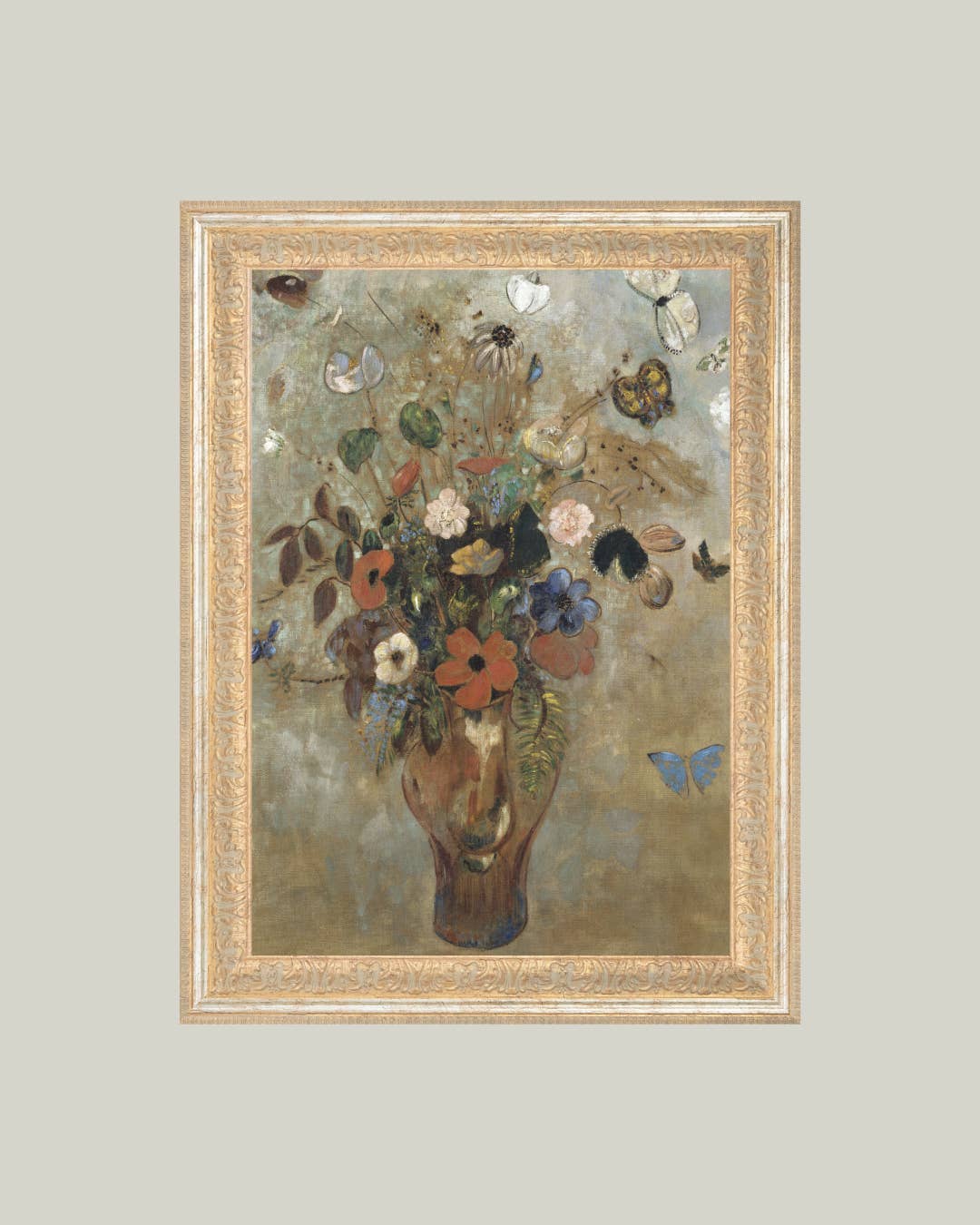 Flower Butterfly Vase Framed Antique Art