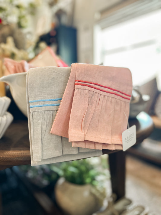 Cotton & Linen Tea Towel w/ Embroidered Stripes & Ruffle, 2 Colors