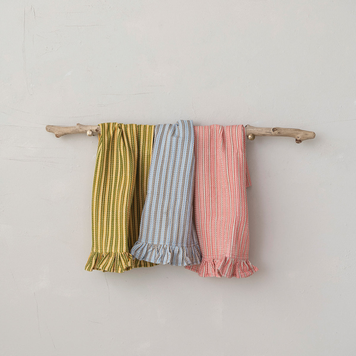 Cotton Printed Waffle Weave Striped Tea Towel with Ruffle, 3 Colors