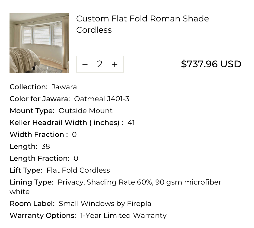 8 Roman Shades, 4 Drapes + 2 Curtain Rods