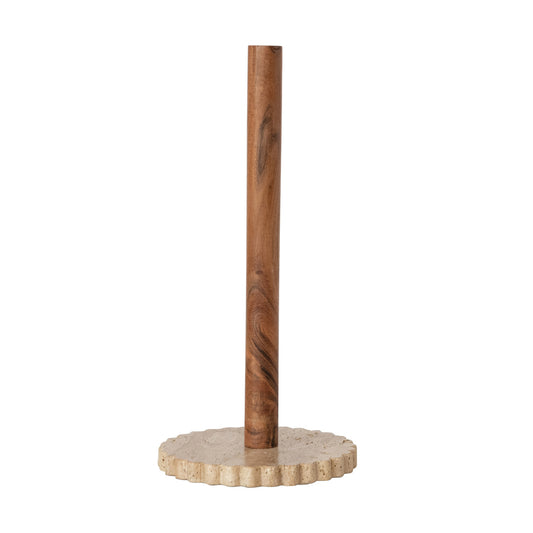 Acacia Wood Paper Towel Holder with Scalloped Travertine Base, KD