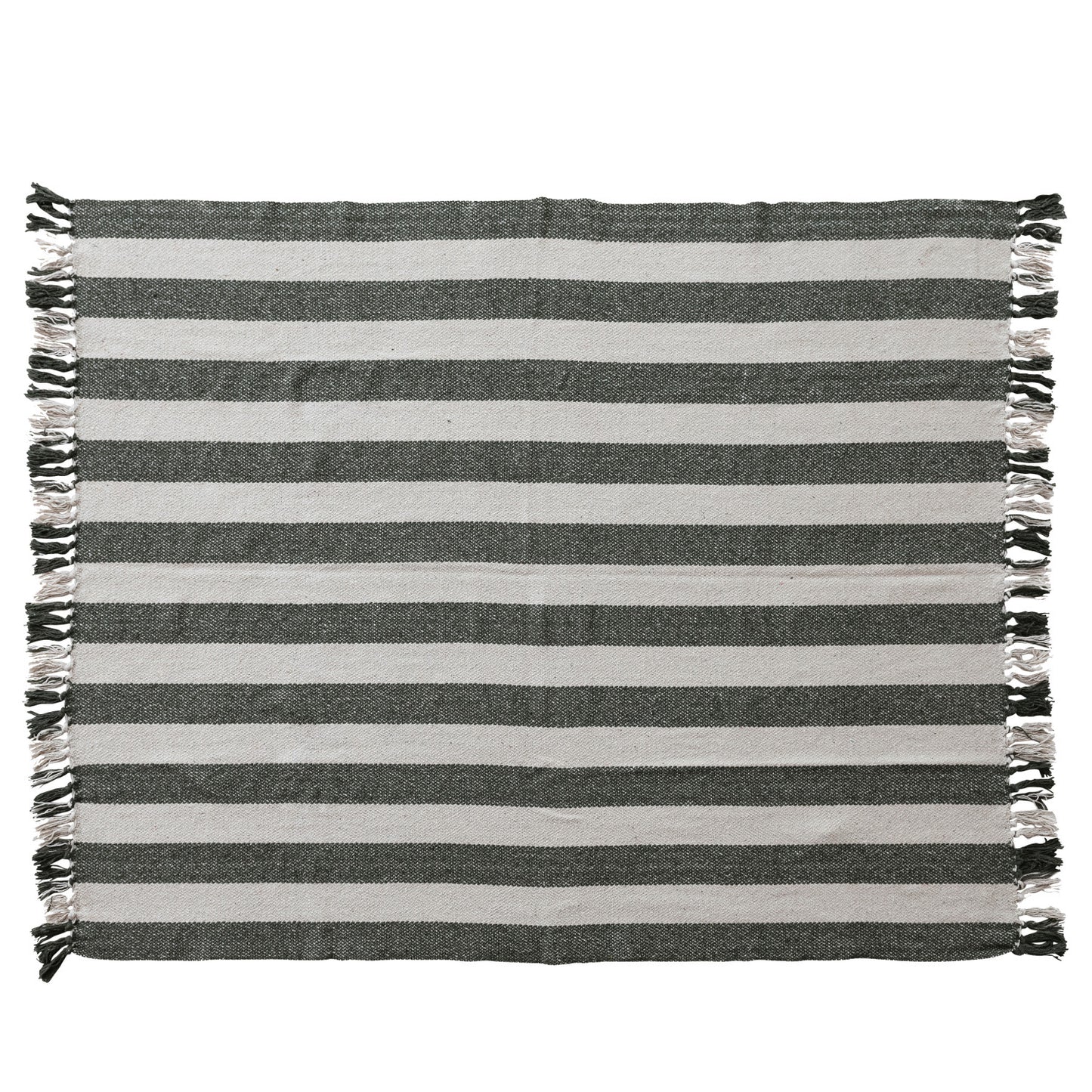 Woven Recycled Cotton Striped Throw with Fringe, Natural & Green