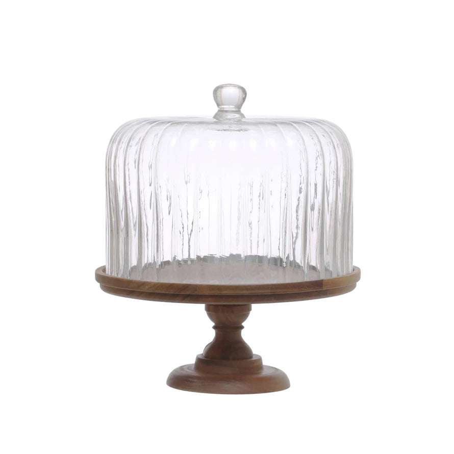 Fluted Glass Cloche with Wood Pedestal