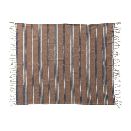 Cotton Blend Throw with Stripes & Fringe