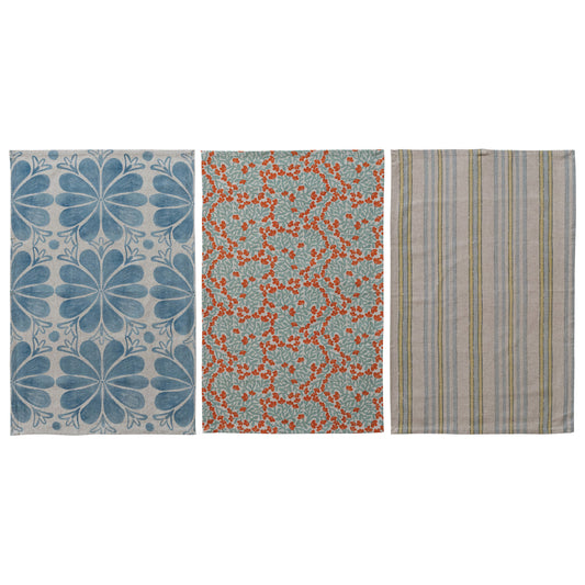 Cotton Linen Printed Tea Towel with Stripes/Pattern, 3 Styles ©