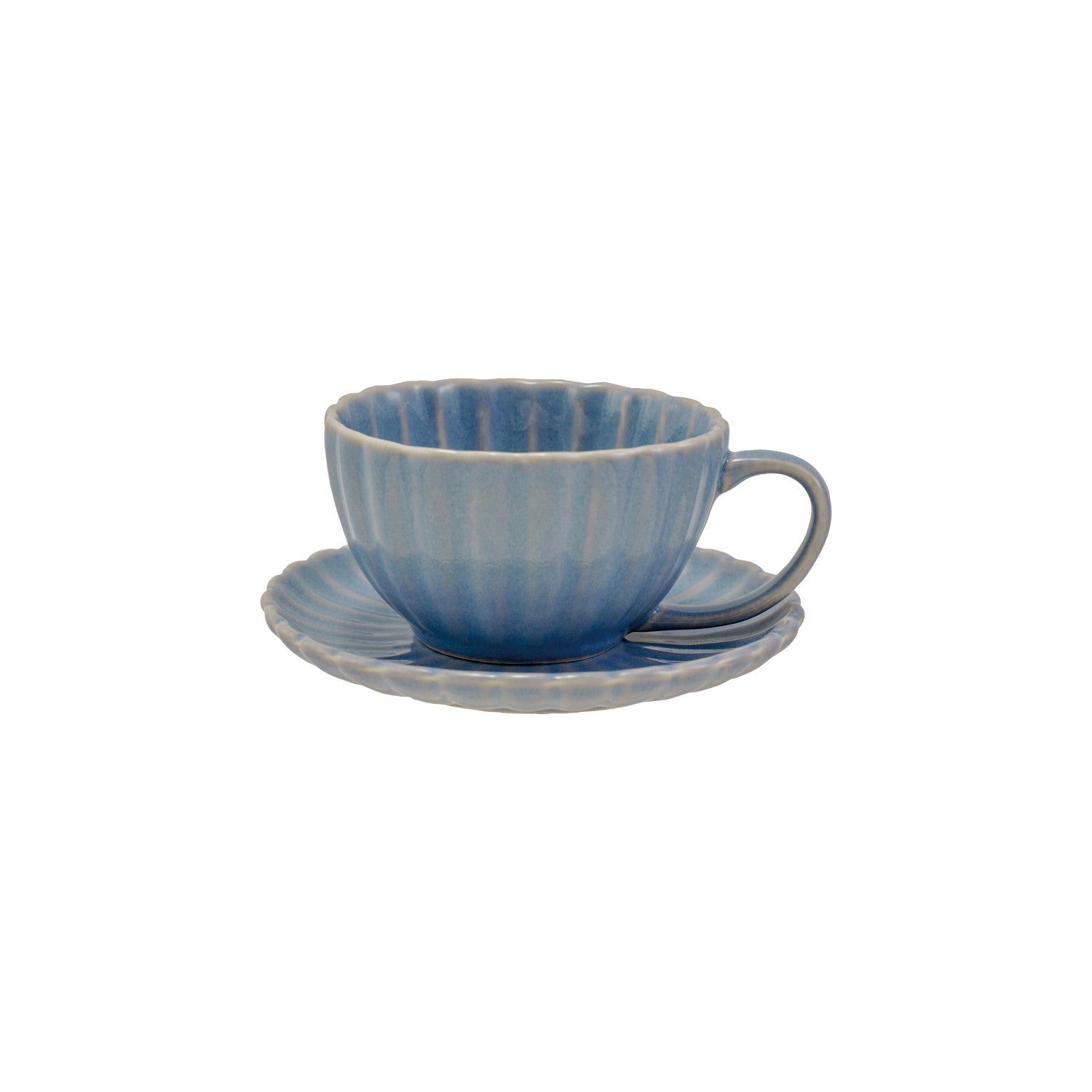 10 oz. Stoneware Ribbed Mug w/ Saucer, Reactive Glaze, Set of 2 (Each One Will Vary)
