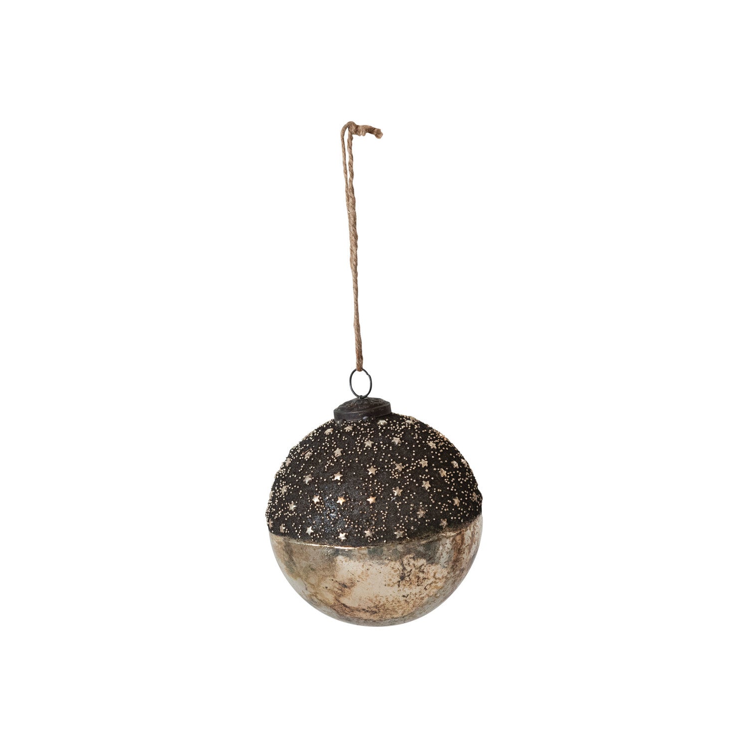 Mercury Glass Ball Ornament w/ Stars, Dipped Bronze & Silver Finish