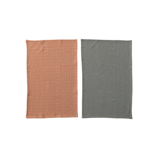Woven Cotton Dobby Tea Towels, Orange & Charcoal Color, Set of 2